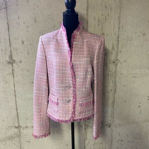 Entier pink and cream tweed blazer with rhinestones and pearl buttons.